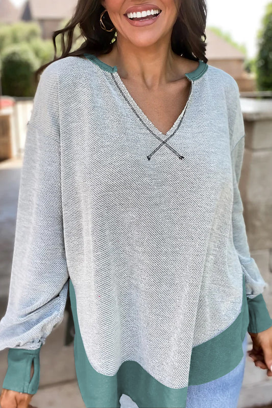 Exposed Seam Contrast Edge Notched Neck Sweatshirt