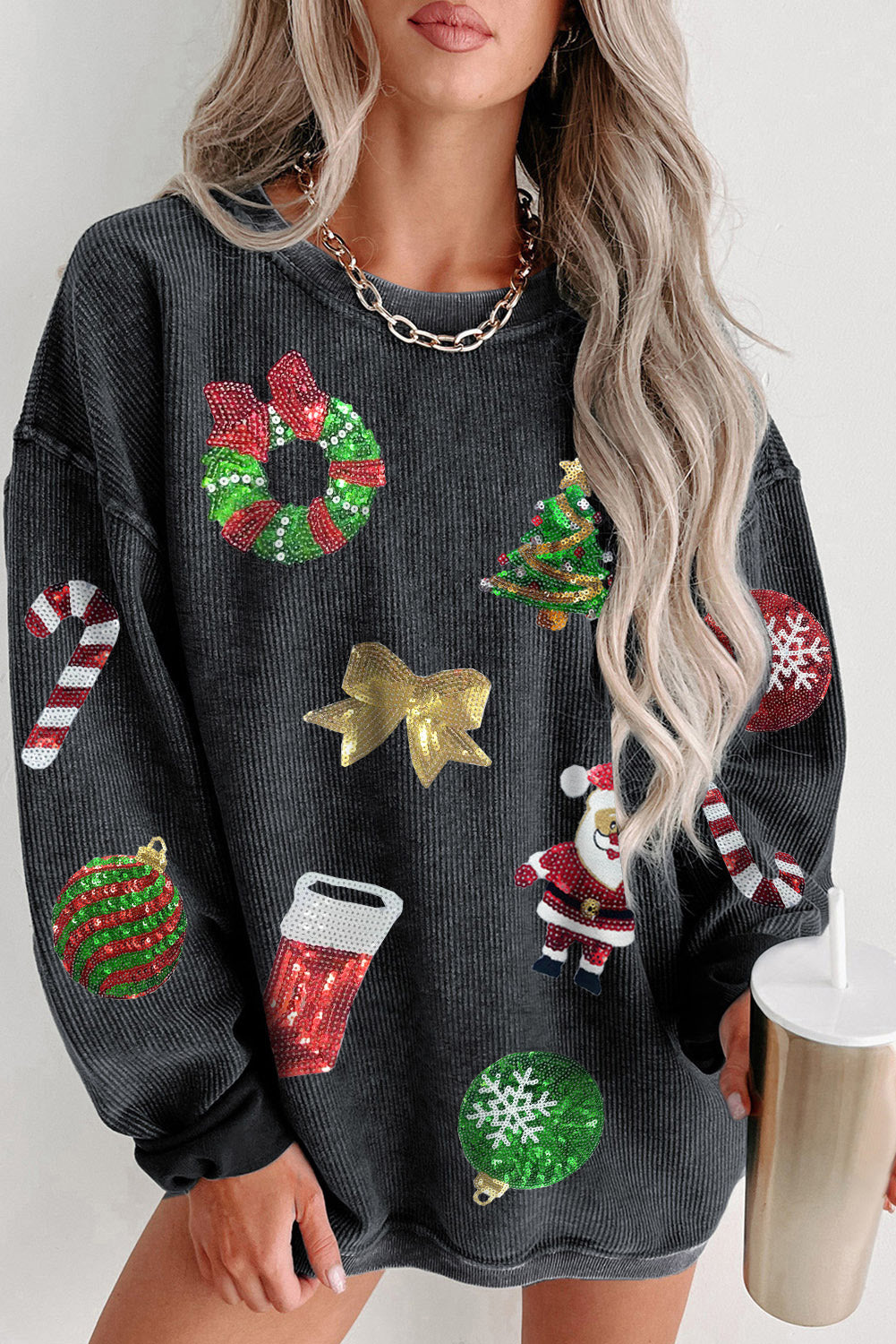 Sequined Santa Claus Corded Sweatshirt