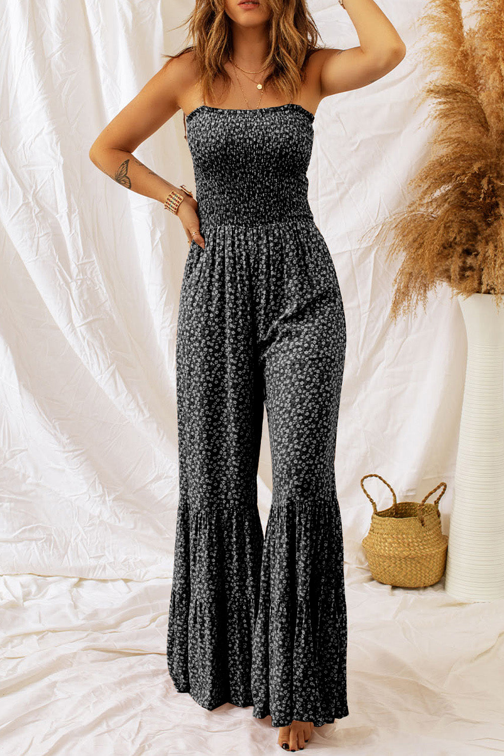 Straps Smocked Wide Leg Jumpsuit