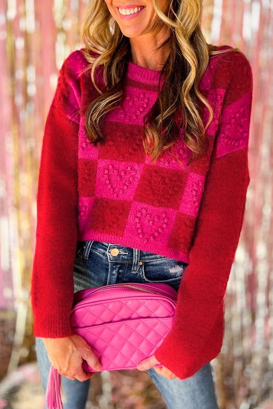 Checkered Heart Textured Sweater