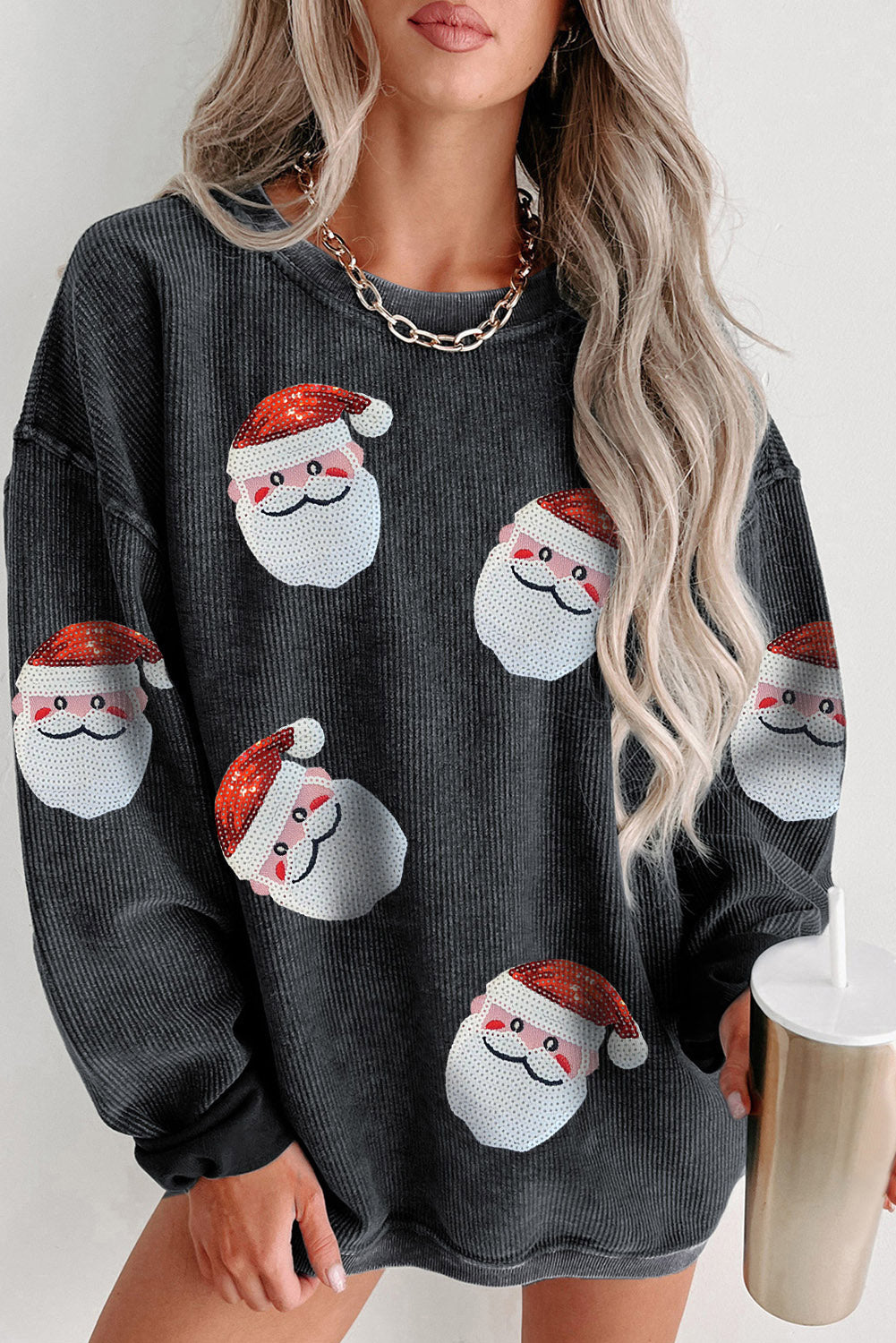 Sequined Santa Claus Corded Sweatshirt