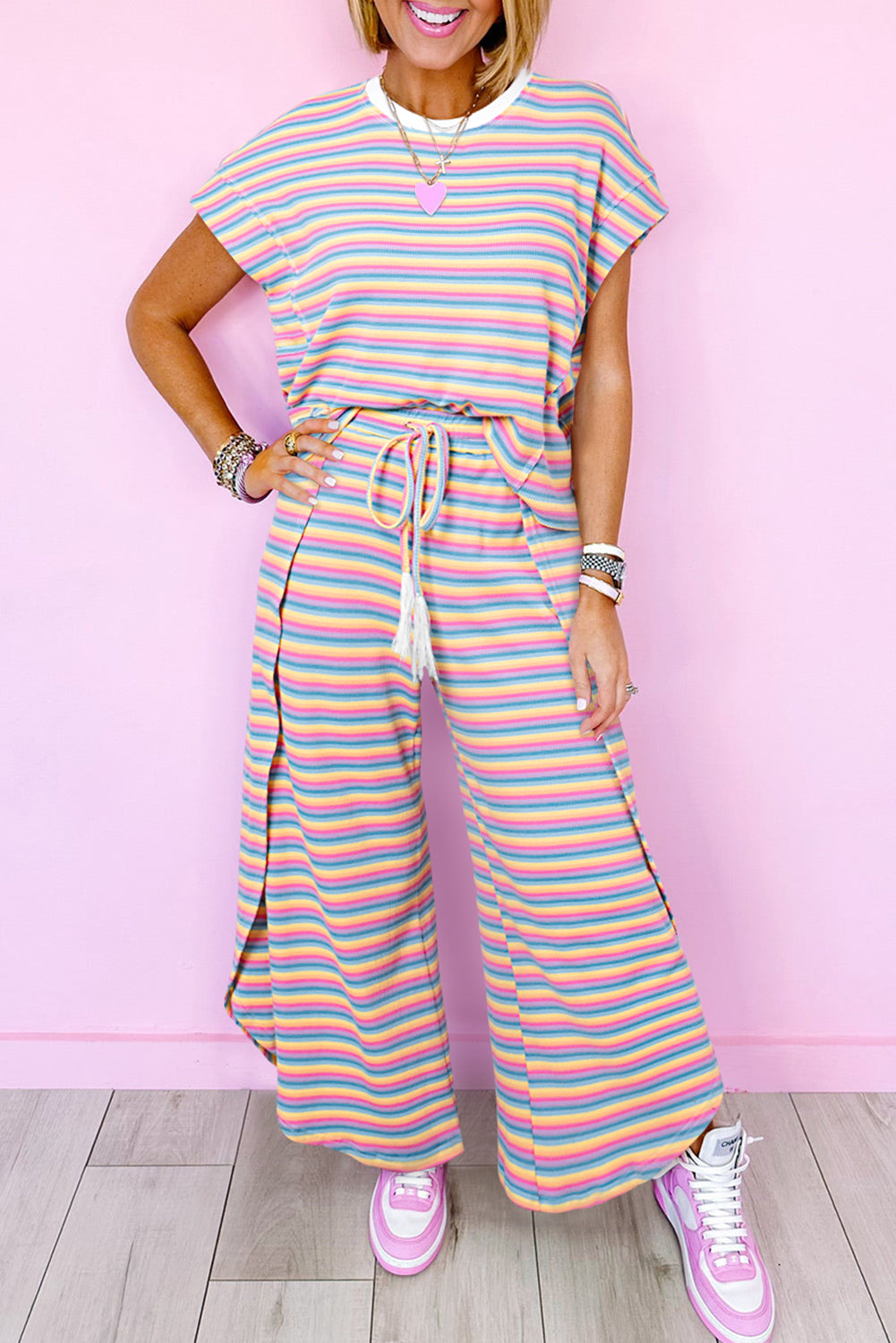 Stripe Tee Tasseled String Wide Leg Pants Set