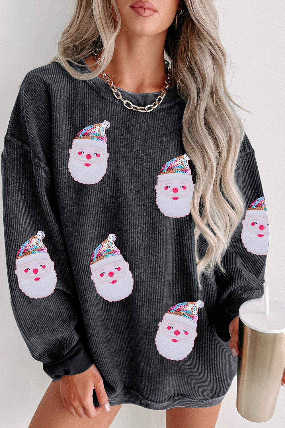 Sequined Santa Claus Corded Sweatshirt