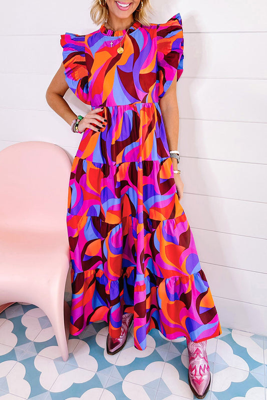 Abstract Printed Ruffle Tiered Long Dress