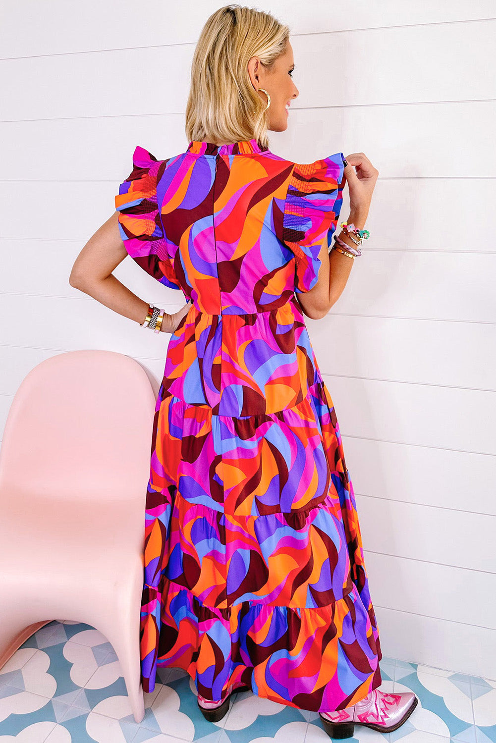 Abstract Printed Ruffle Tiered Long Dress