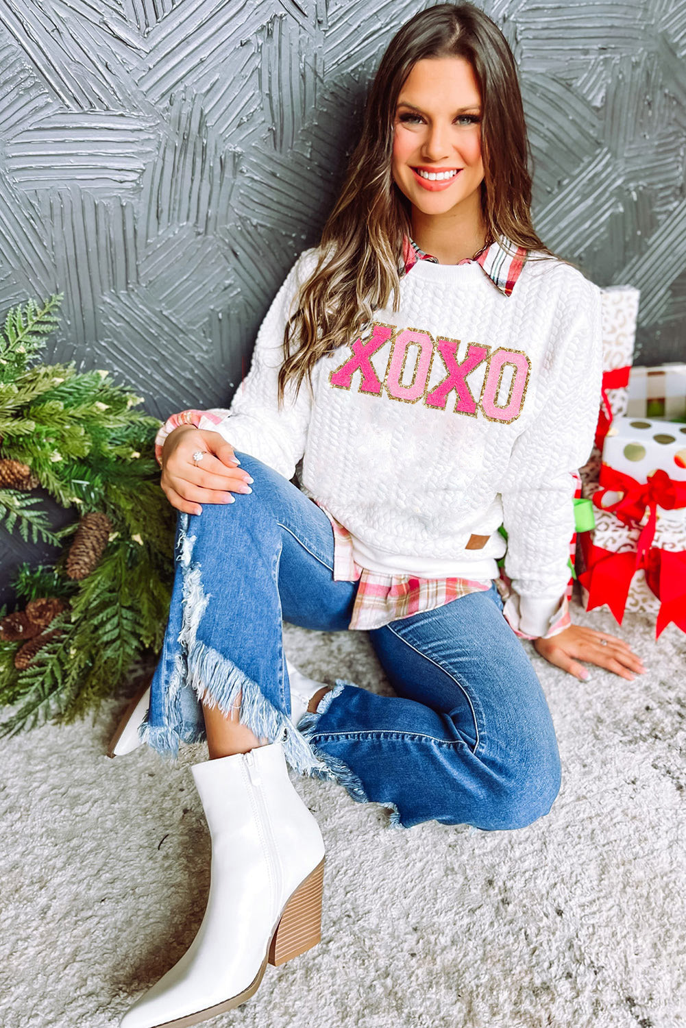 XOXO Glitter Chenille Cable Knit Sweatshirt