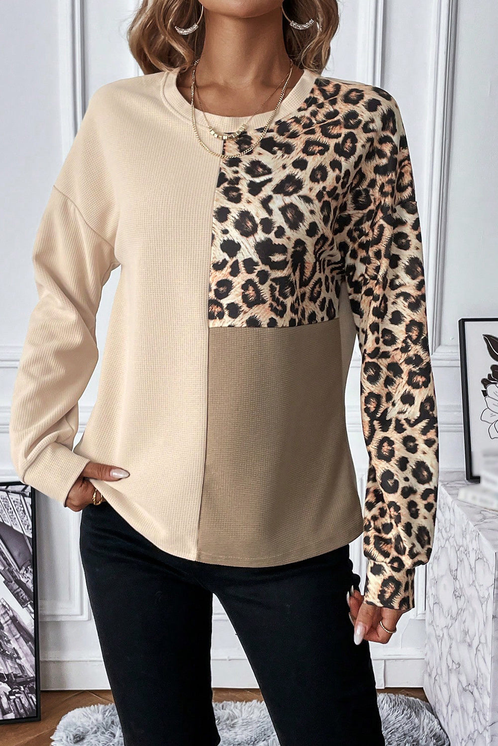 Leopard Colorblock Waffle Knit Top