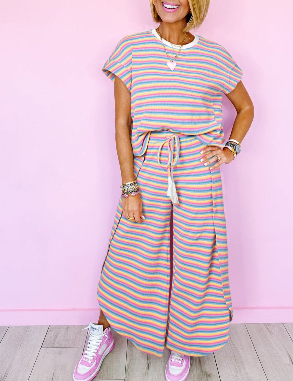 Stripe Tee Tasseled String Wide Leg Pants Set