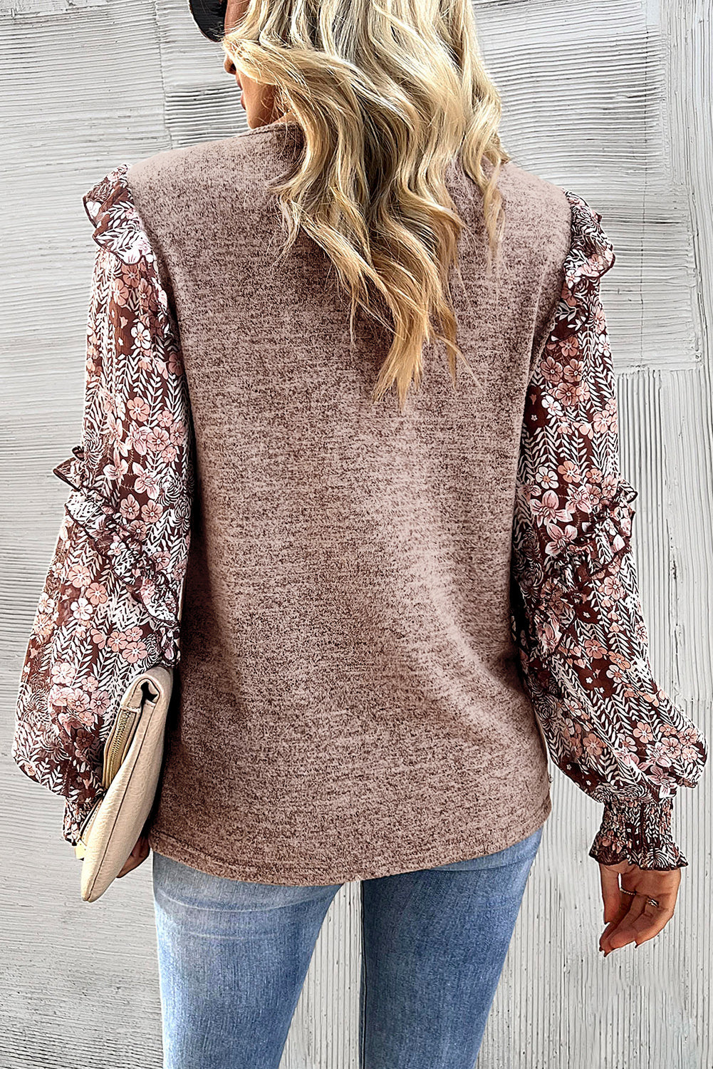 Chestnut Contrast Frilled Floral Sleeve Top