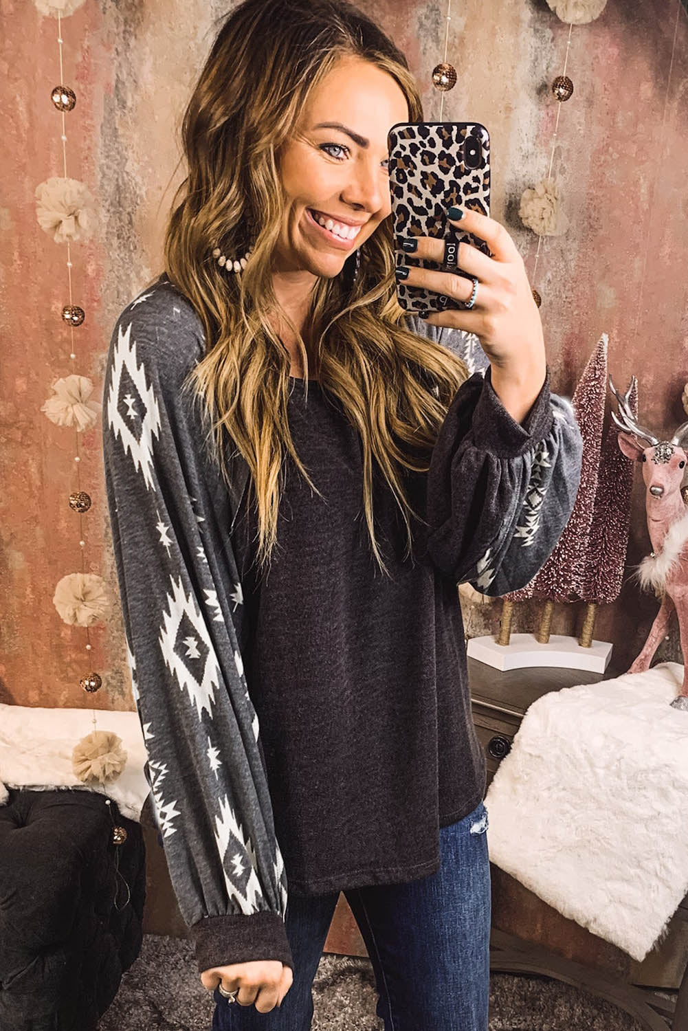 Western Print Patch Long Sleeve Top