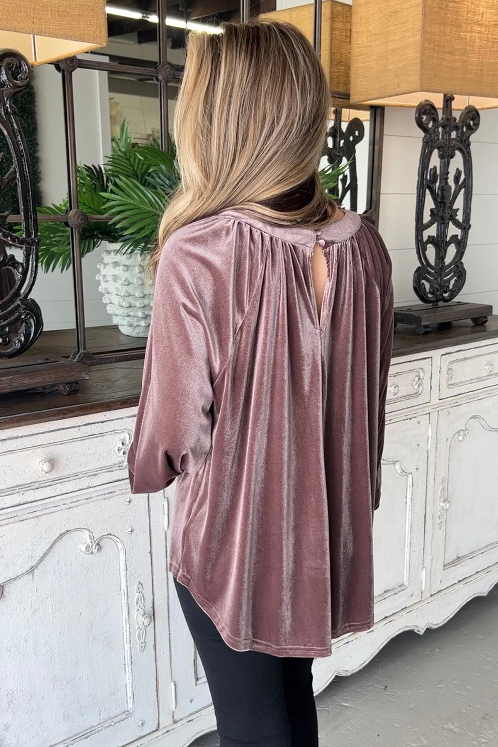 Button Keyhole Back Velvet Swing Top