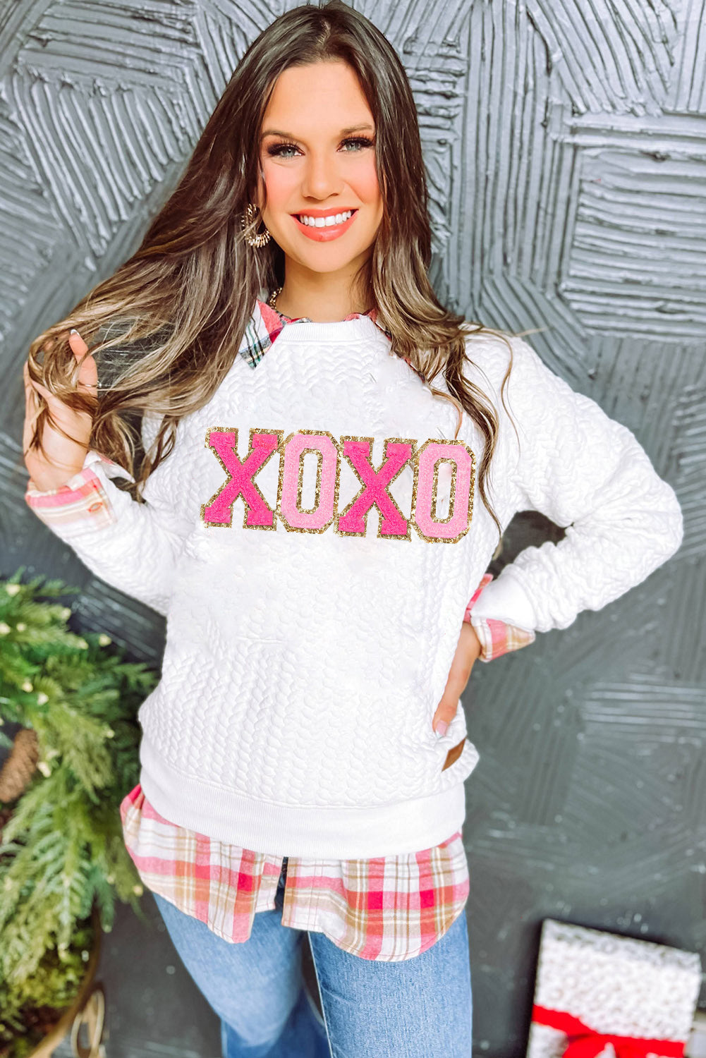 XOXO Glitter Chenille Cable Knit Sweatshirt