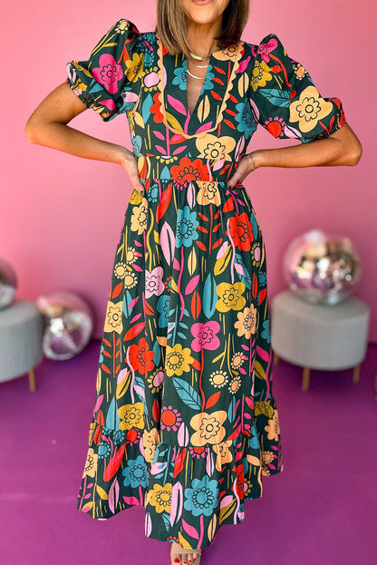 Retro Floral Printed Split Neck Maxi Dress