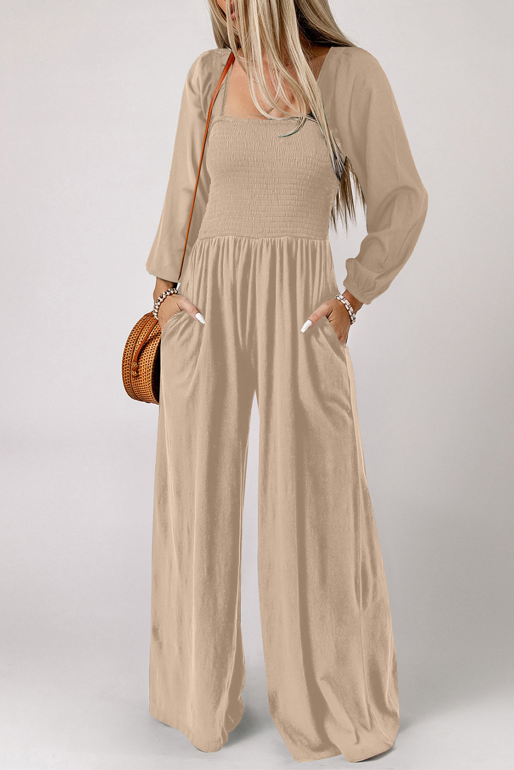 Smocked Square Neck Wide Leg Jumpsuit