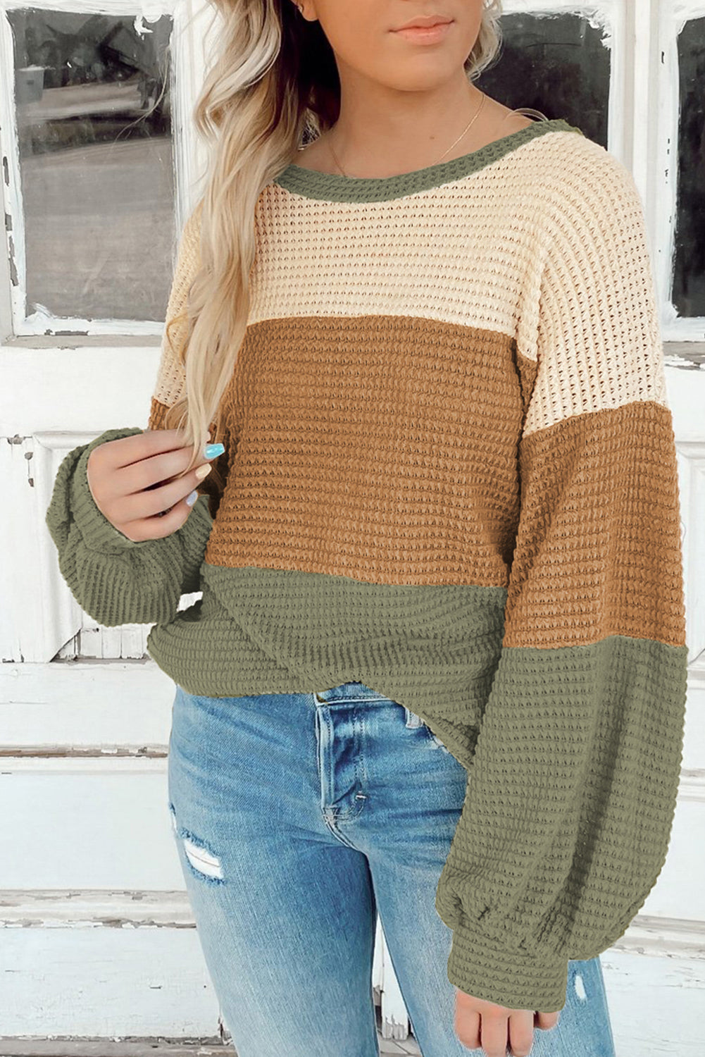 Textured Color Block Bubble Sleeve Baggy Top