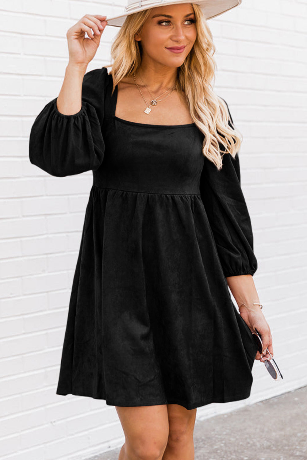 Suede Square Neck Puff Sleeve Dress