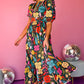 Retro Floral Printed Split Neck Maxi Dress