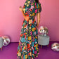 Retro Floral Printed Split Neck Maxi Dress