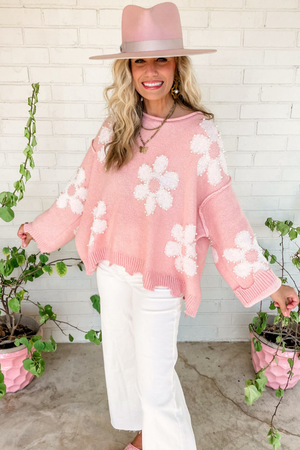 Pearl Beaded Floral Drop Shoulder Sweater