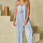 Light Wash Exposed Seam Wide Leg Denim Overall