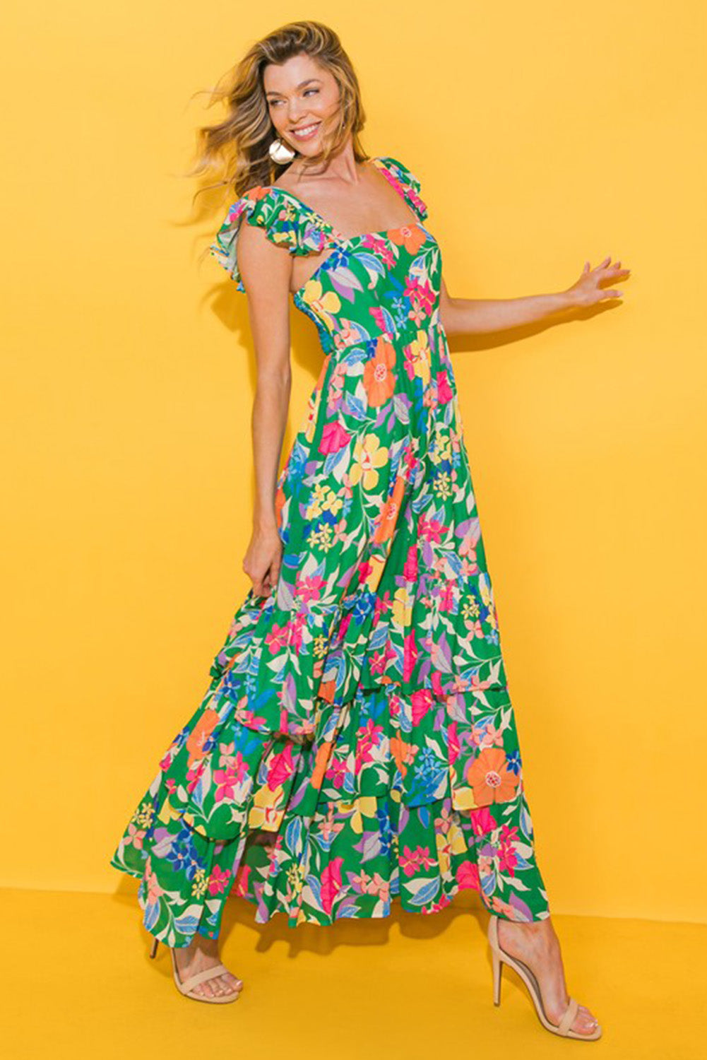 Floral Print Sleeveless Ruffle Tiered Maxi Dress