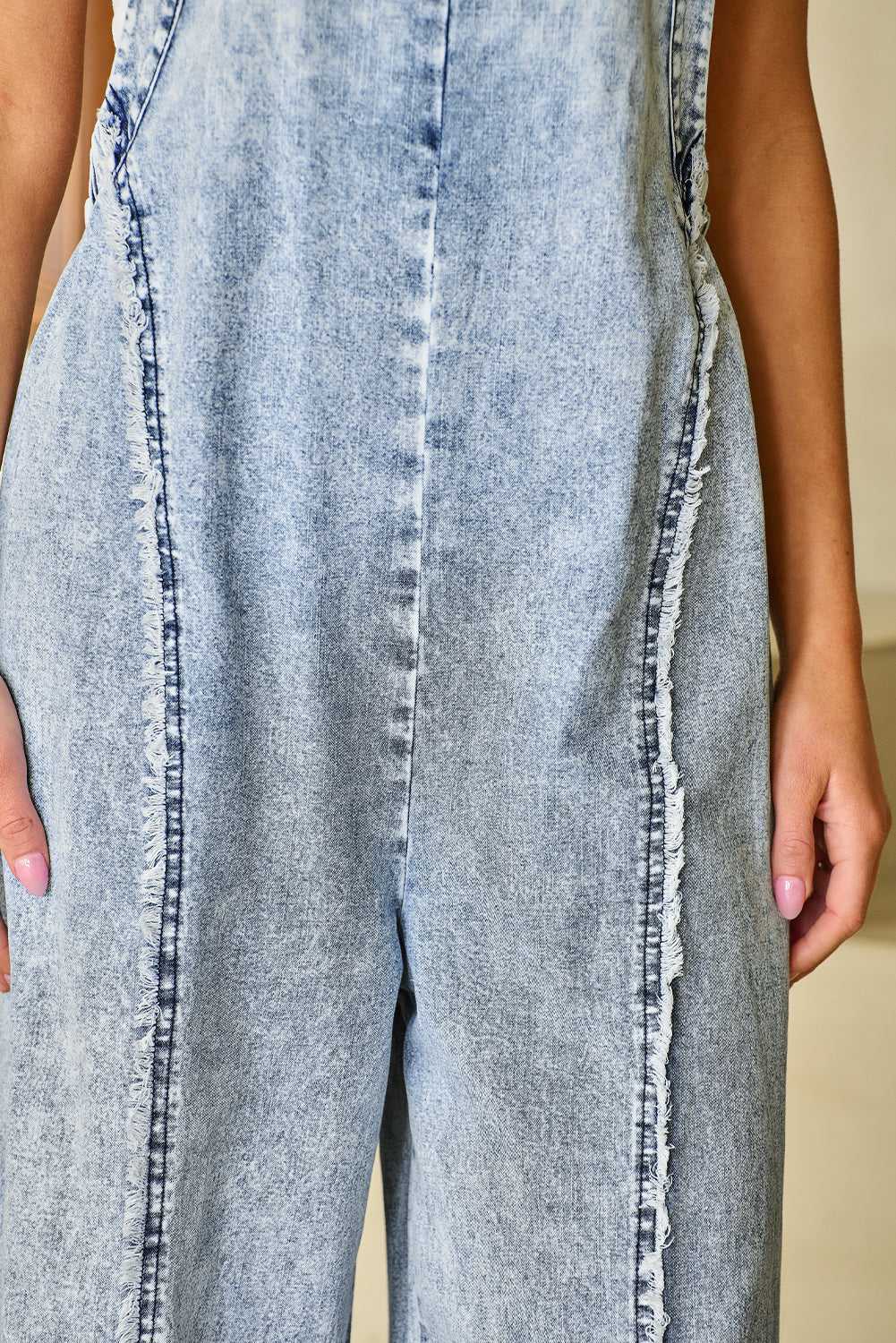 Light Wash Exposed Seam Wide Leg Denim Overall