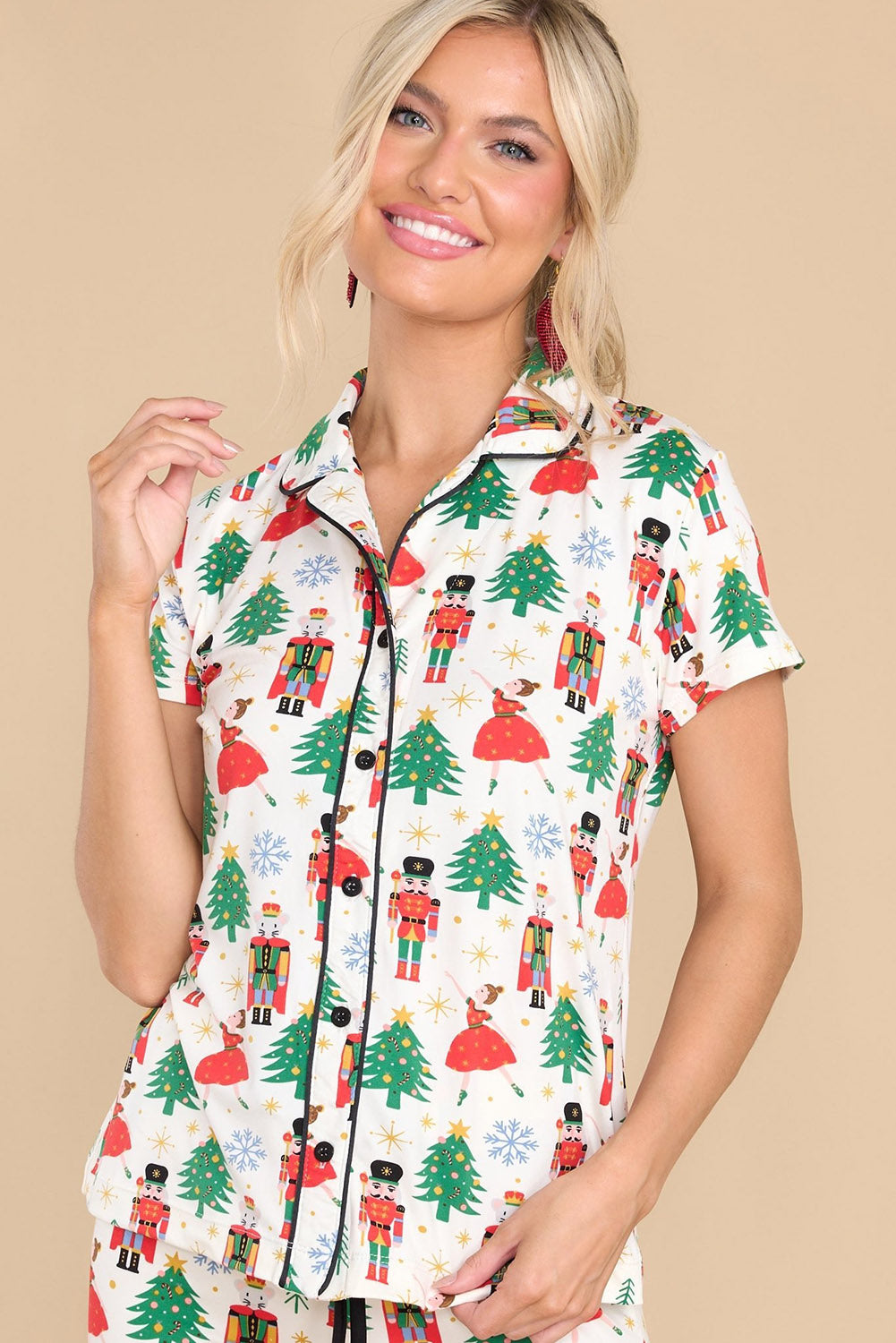 Christmas Tree Pattern Buttoned 2 Piece Sleepwear