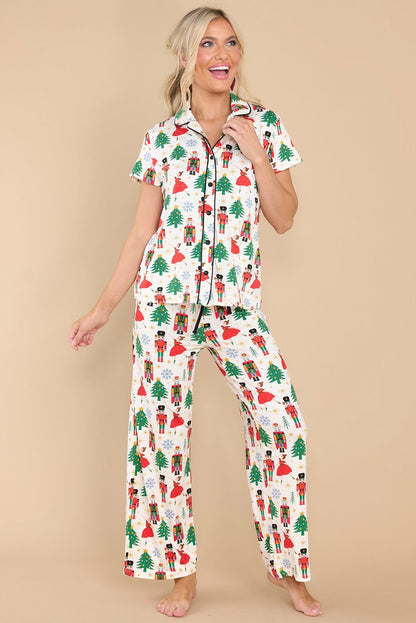 Christmas Tree Pattern Buttoned 2 Piece Sleepwear