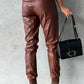 Smocked High-Waist Leather Skinny Pants