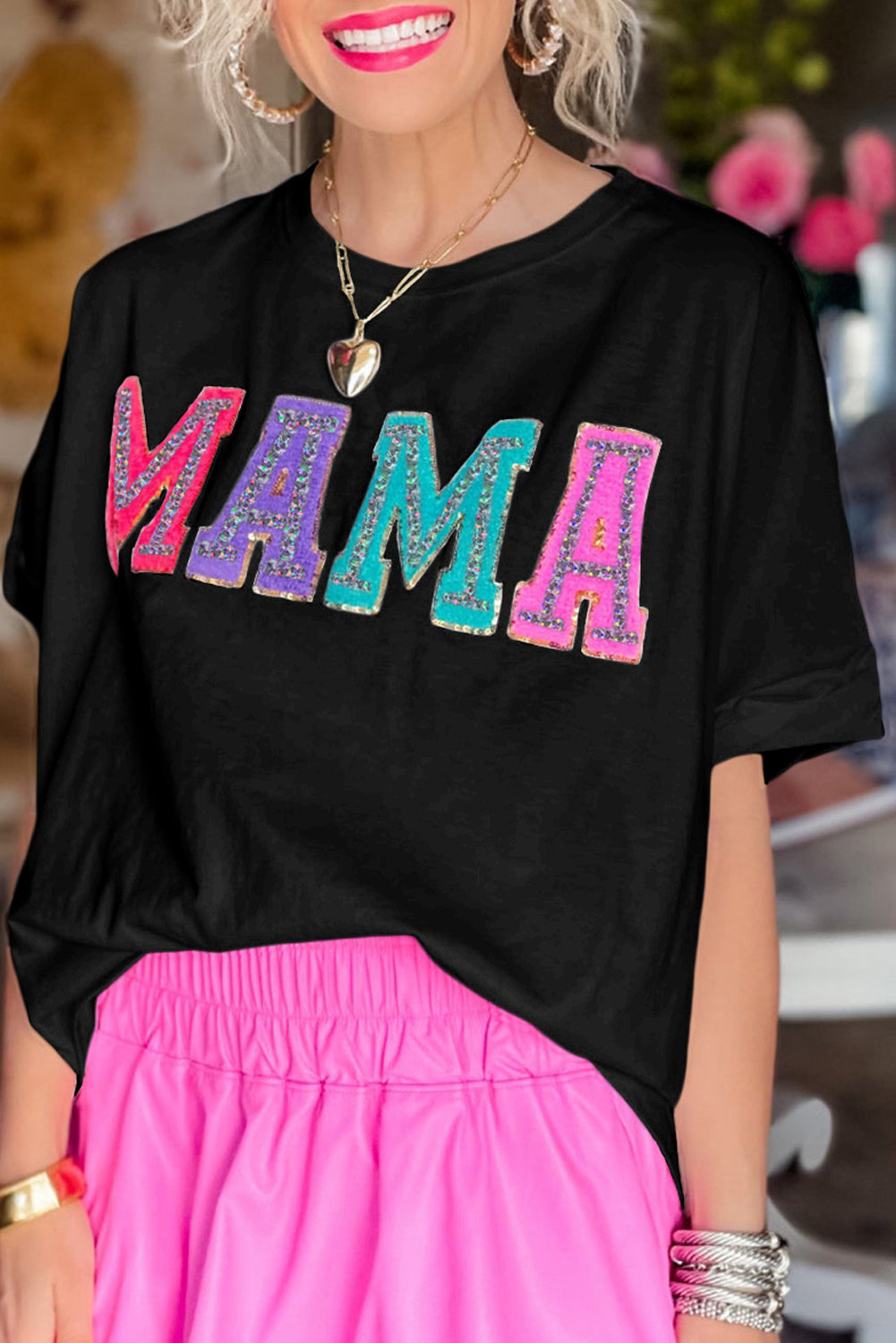 MAMA Chenille Patched Crew Neck T Shirt