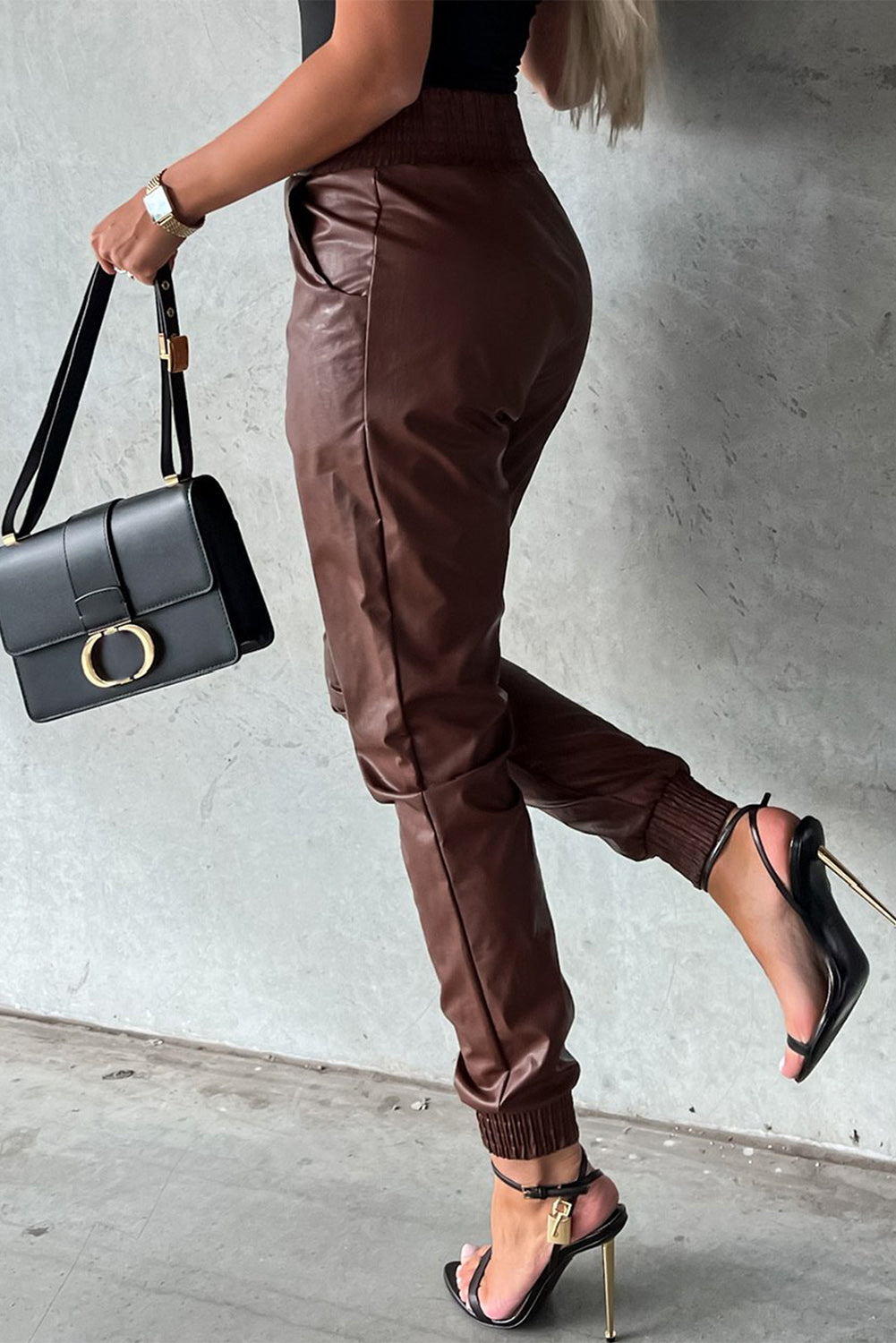 Smocked High-Waist Leather Skinny Pants