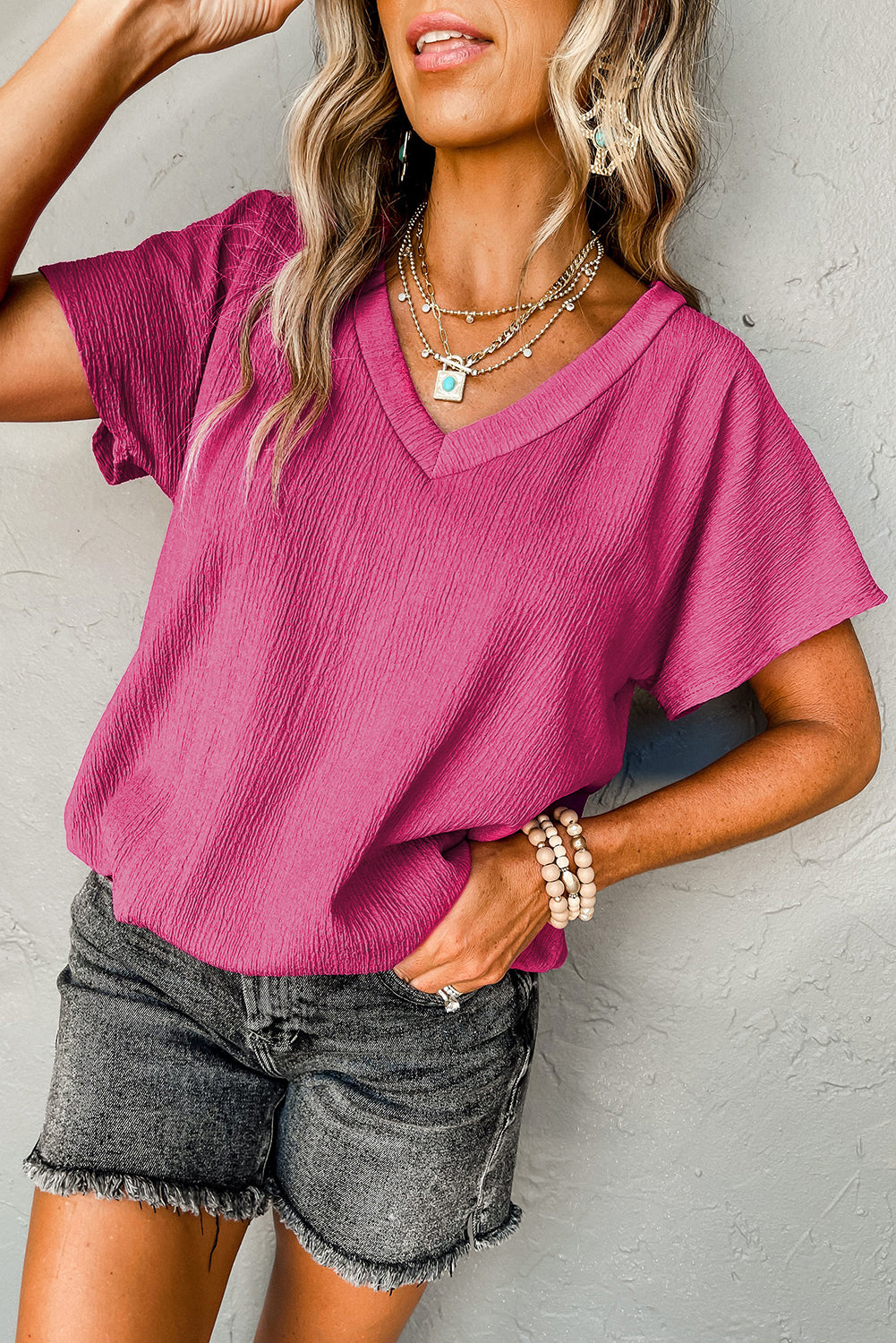 Sapphire Crinkled V Neck Wide Sleeve T-shirt