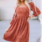 Suede Square Neck Puff Sleeve Dress