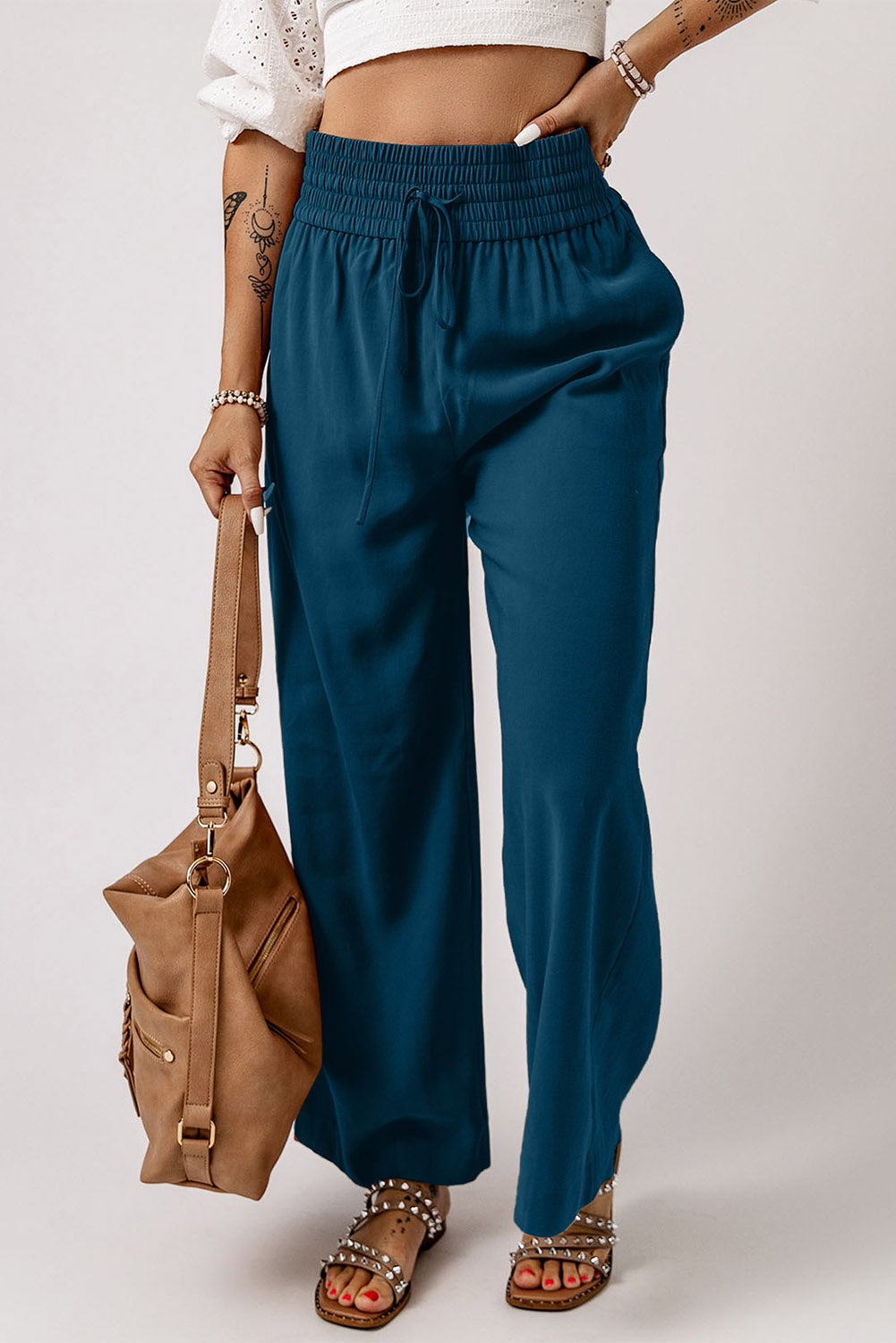 Drawstring Elastic Waist Wide Leg Pants