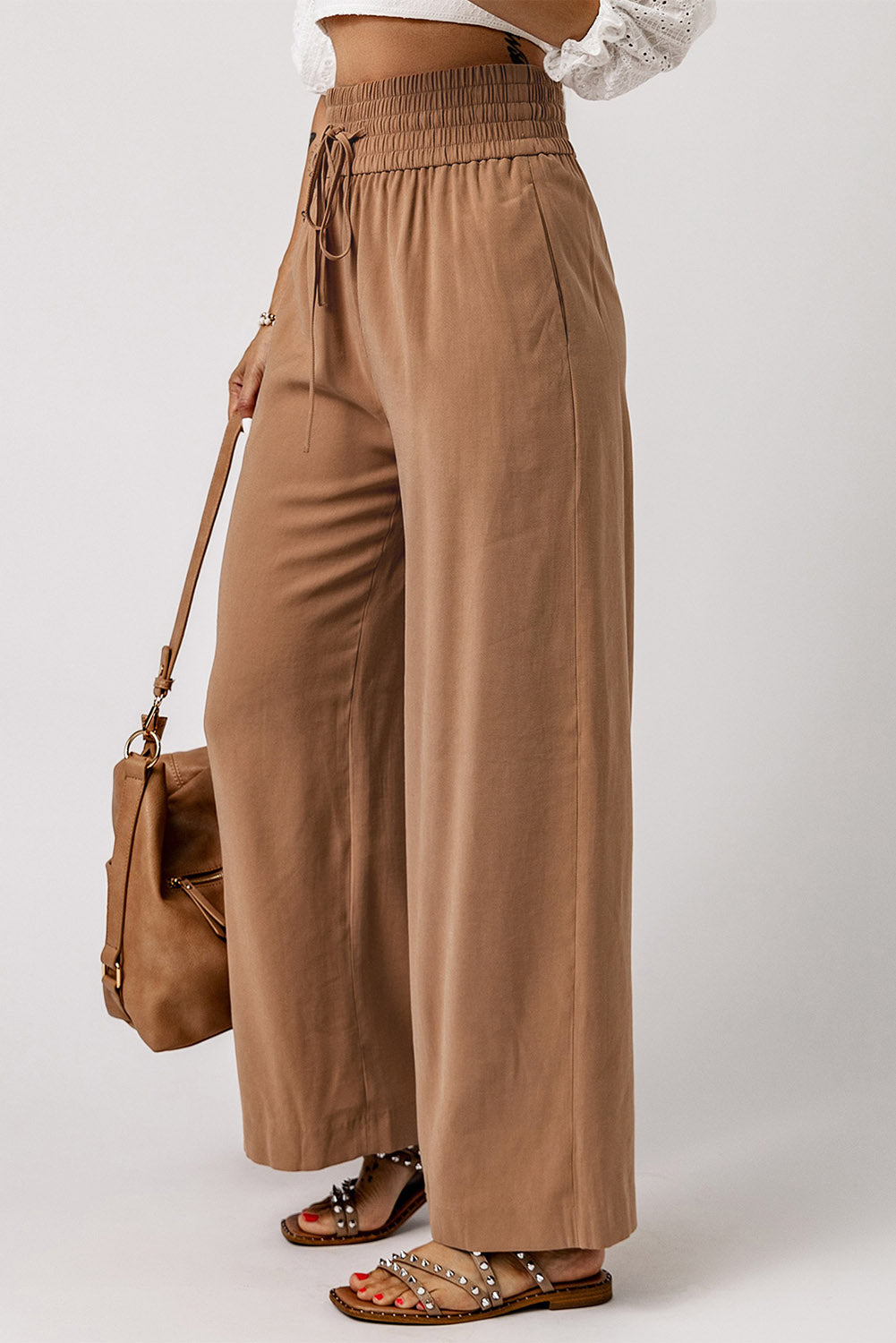 Drawstring Elastic Waist Wide Leg Pants