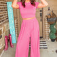 Slim Fit Crop Top and Pleated Wide Leg Pants Set