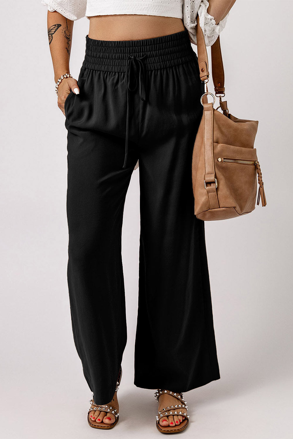 Drawstring Elastic Waist Wide Leg Pants