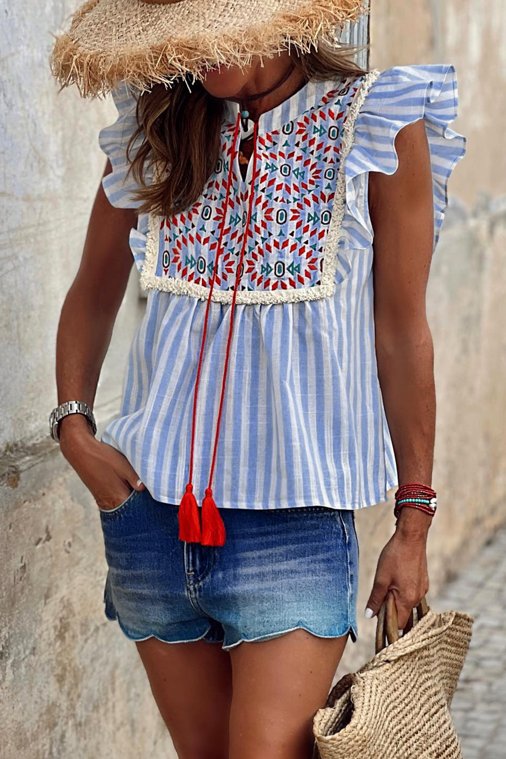 Embroidered Tassel Flutter Blouse