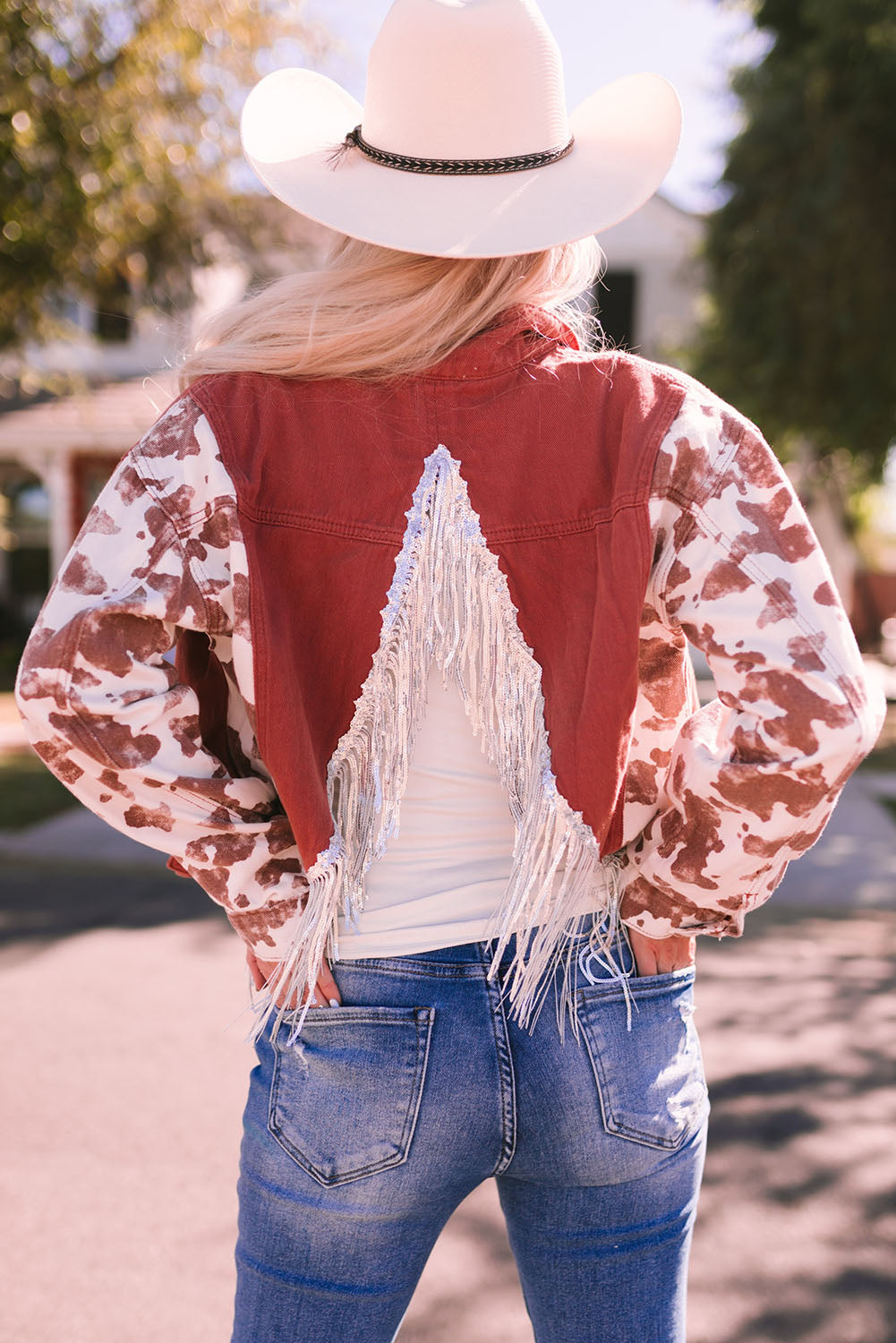 Abstract Print Sleeve Fringed Back Denim Jacket