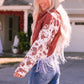 Abstract Print Sleeve Fringed Back Denim Jacket