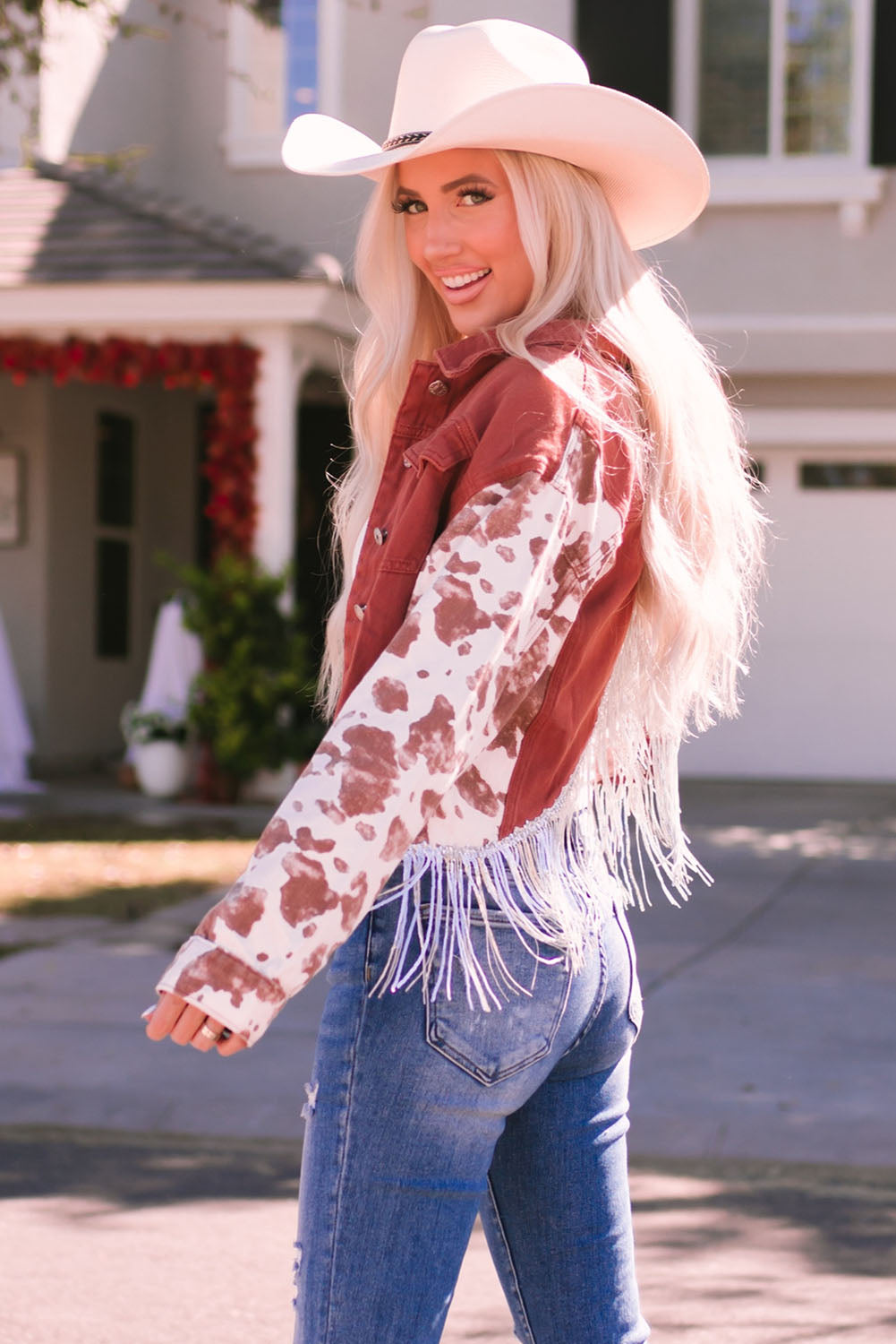 Abstract Print Sleeve Fringed Back Denim Jacket