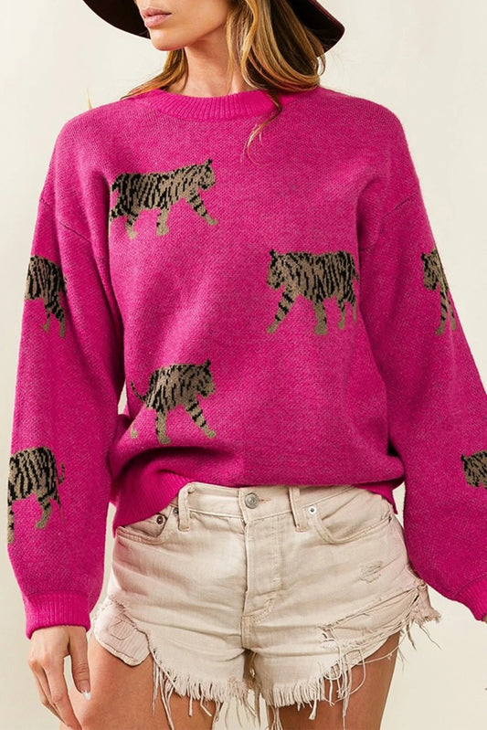 Leopard Pattern Drop Shoulder Knit Sweater