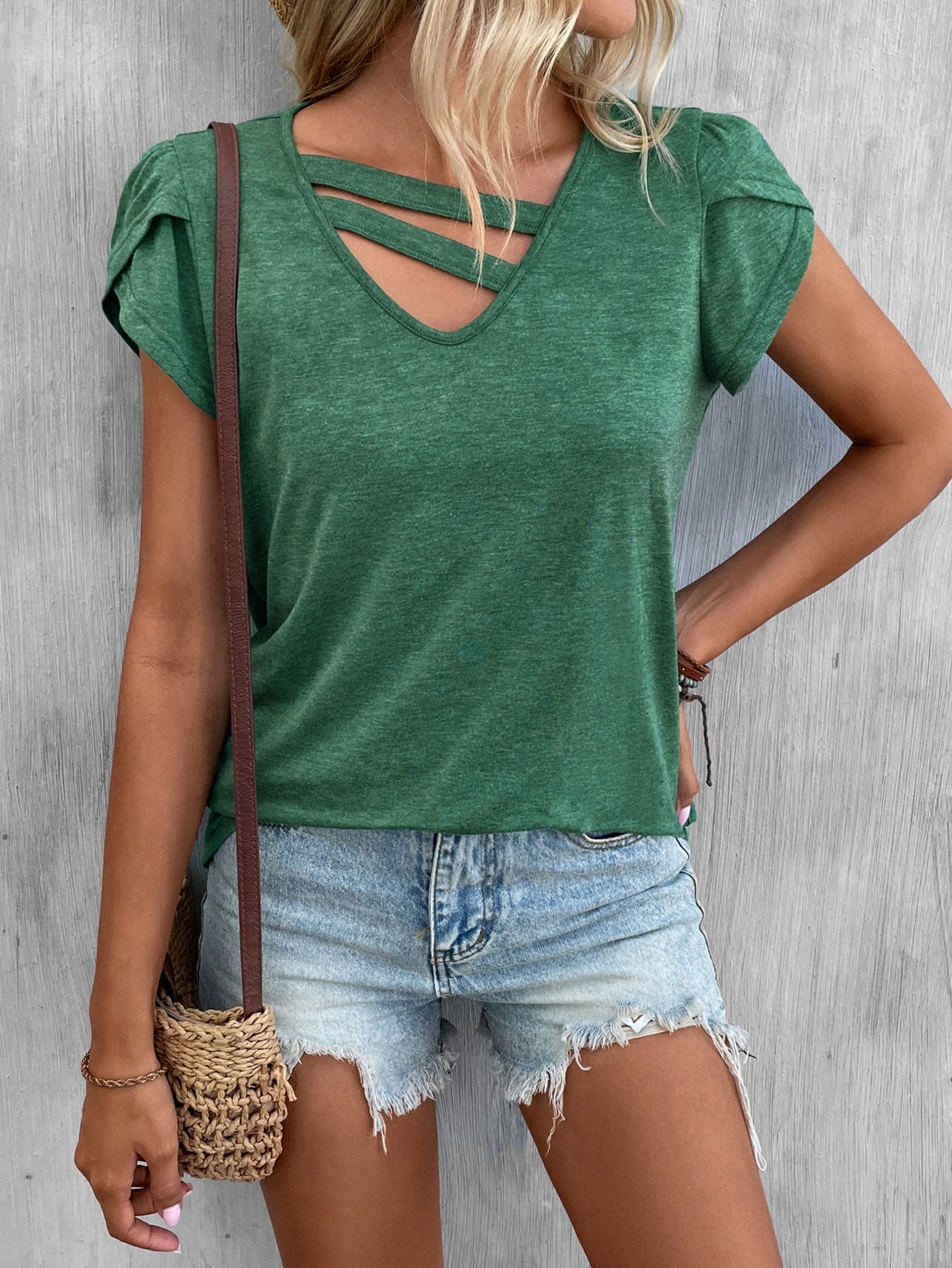 Petal Sleeve solid color V-neck top