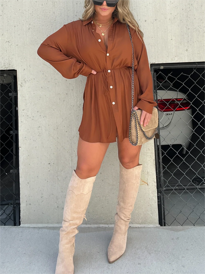 Solid Color Long Sleeve Shirt Jumpsuit