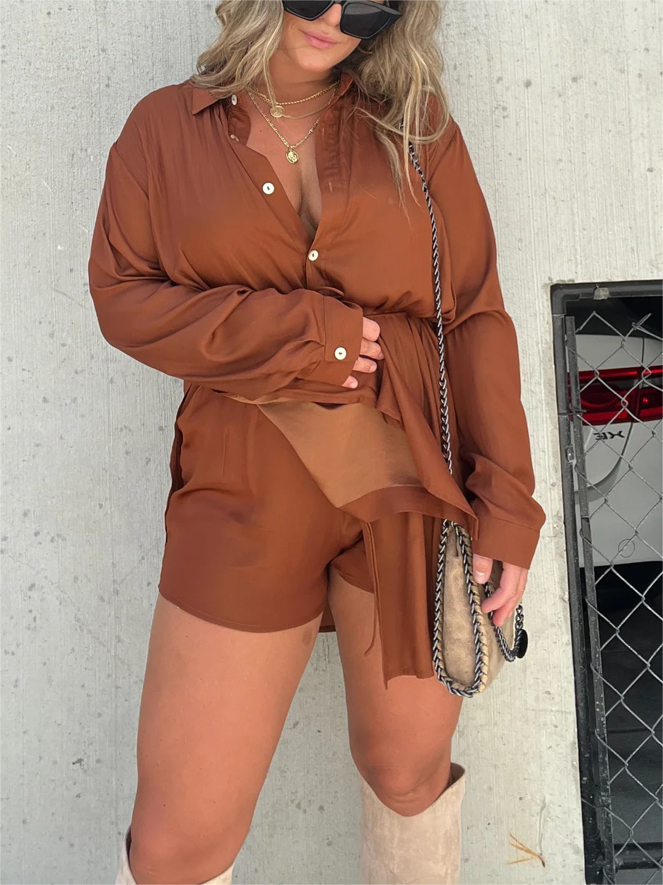 Solid Color Long Sleeve Shirt Jumpsuit