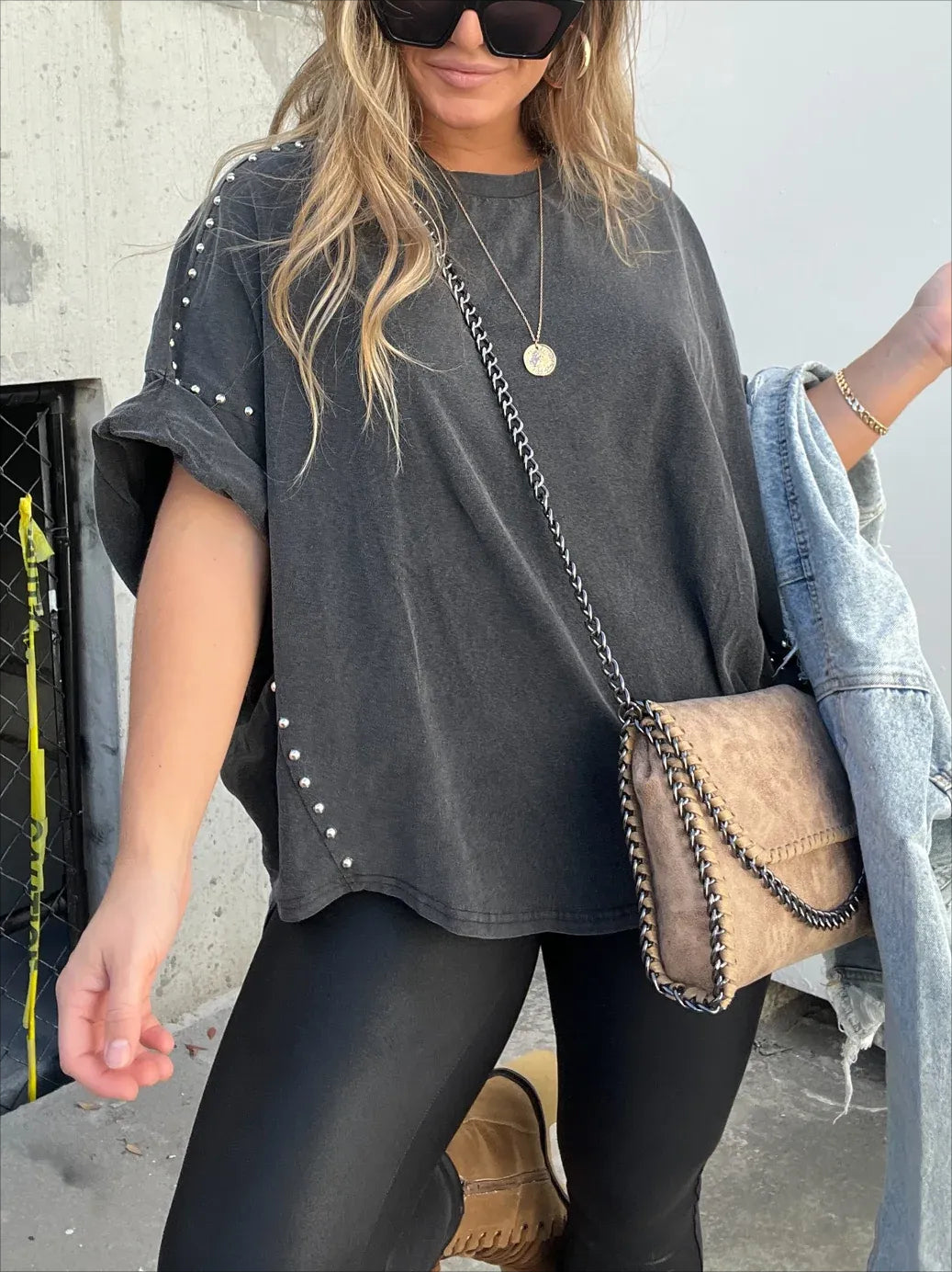 Rolled Sleeve Studded Oversized T-Shirt