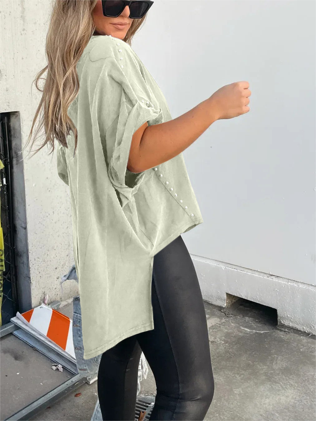 Rolled Sleeve Studded Oversized T-Shirt