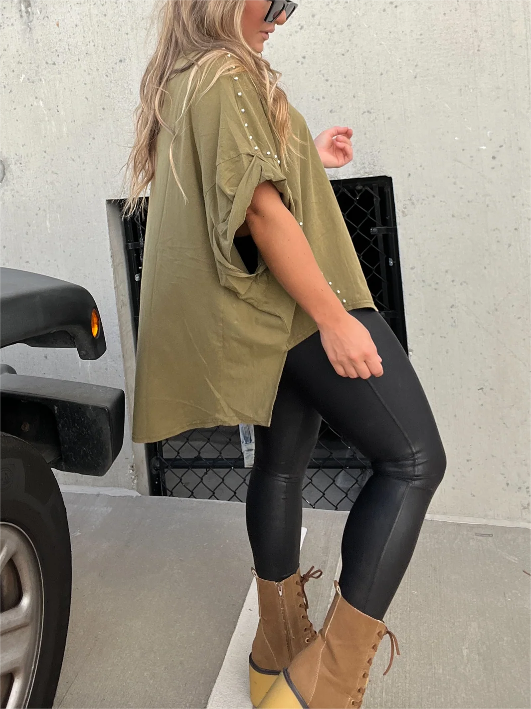 Rolled Sleeve Studded Oversized T-Shirt