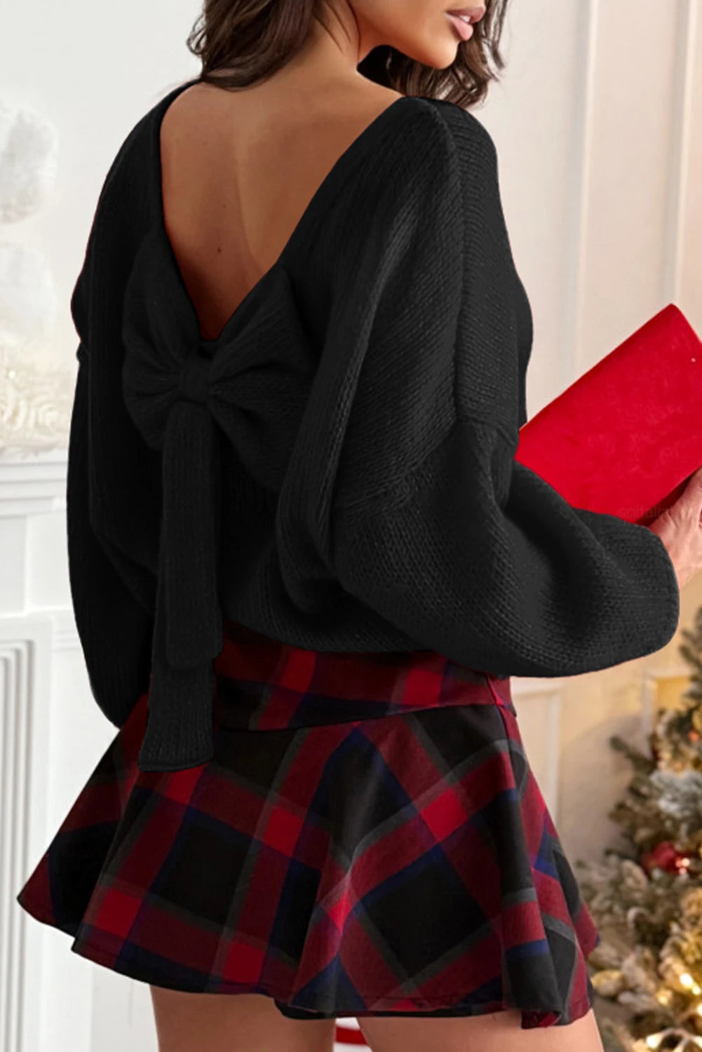 Bow Backless Bubble Sleeve Sweater