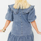 Ruffled Collared Side Pockets Puff Sleeve Denim Mini Dress